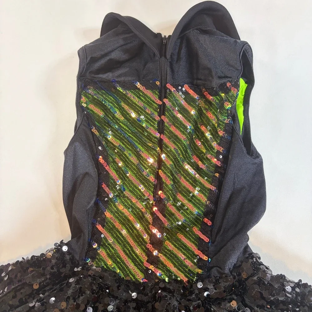 Weissman Kids Sequin Dance Costume Neon Green Black Jazz Tutu Dress MC